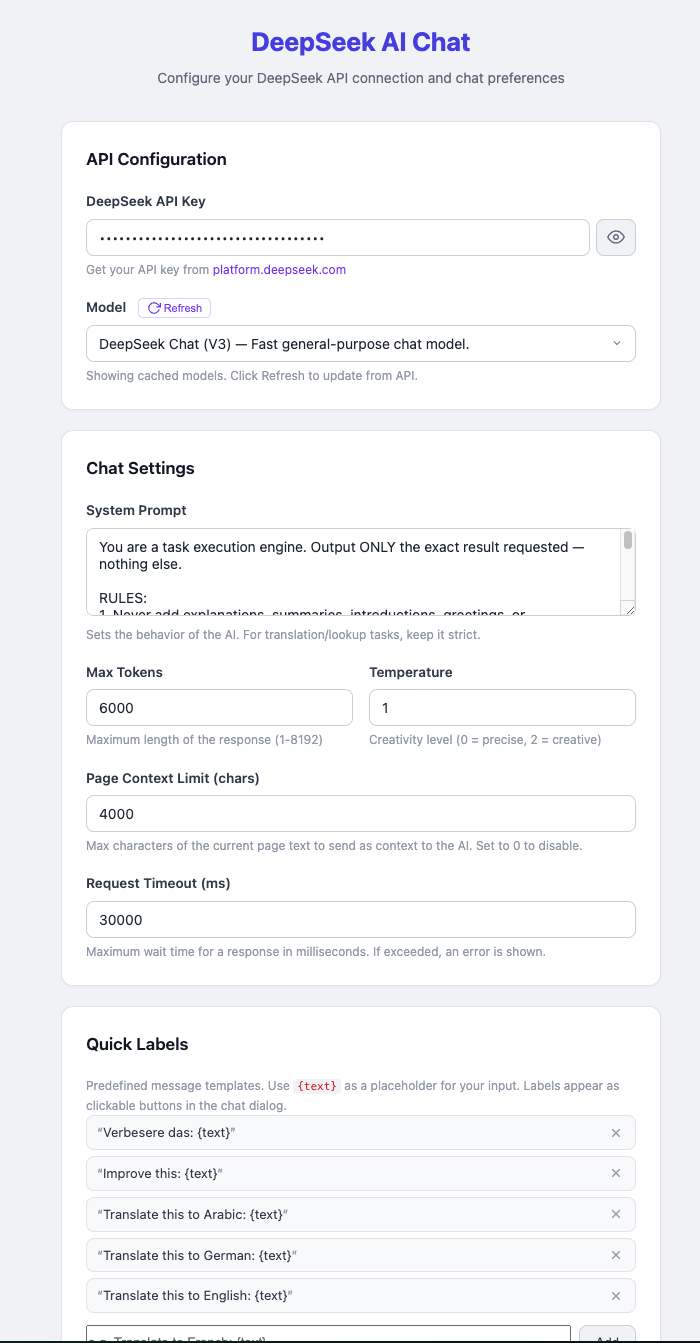 Extension settings page